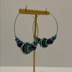 Vintage 80s blue and silver bead on wire 2 1/4 inch hoop earrings